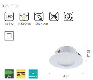 Integrated led recessed  spotlight for false ceiling 6w 3000k