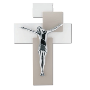 Modern wall cross 42x30 chromed christ on dovegrey and white mdf wood