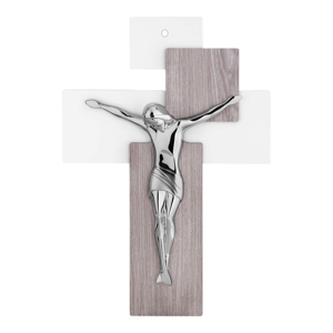 Modern wall cross 17x12 chromed christ on oak-white mdf wood